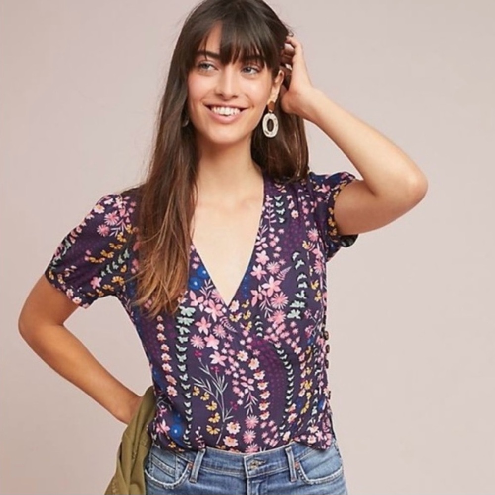 Anthropologie Navy Floral Wrap-Style Blouse